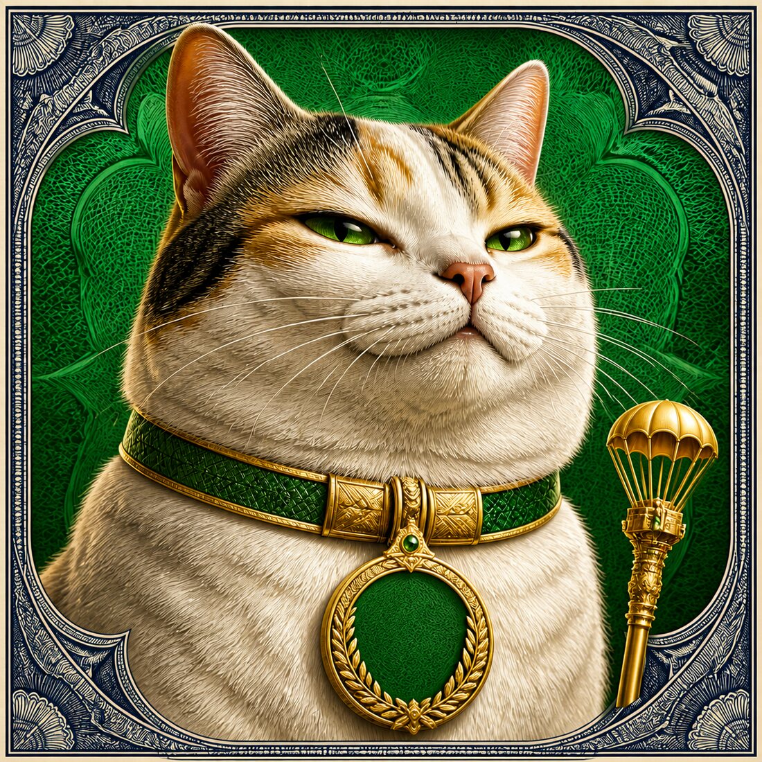 An engraved portrait of a cat in a jewelled collar, holding a golden parachute.