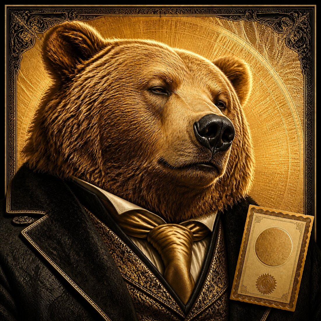 An engraved portrait of a bear in a gold cravat.