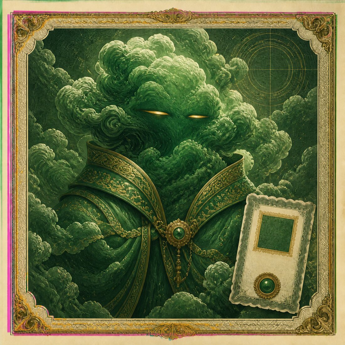 An engraved portrait of a green storm in a gilded mantle.